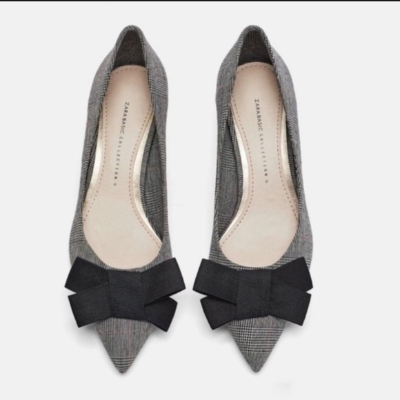 Zara Shoes - Zara Women’s Black Gray Plaid Bow Mini Heels EU 36 Pumps Office Career Shoes